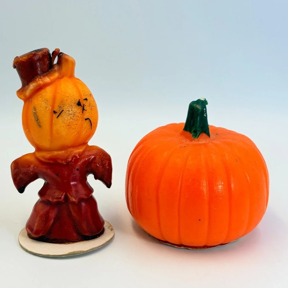 Vintage Gurley Halloween Candles Pumpkin Man Top Hat Jack O Lantern Set of 2